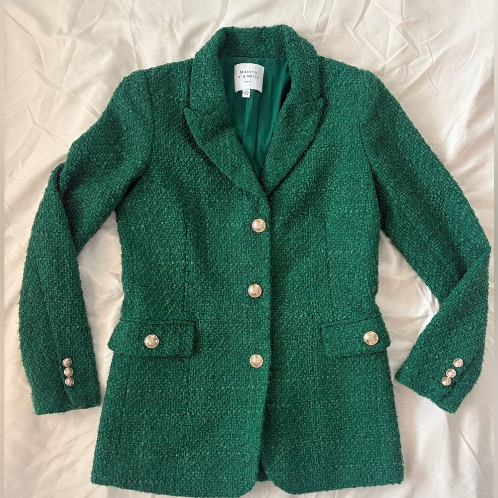 Stylish Green Tweed Blazer with Button Accents